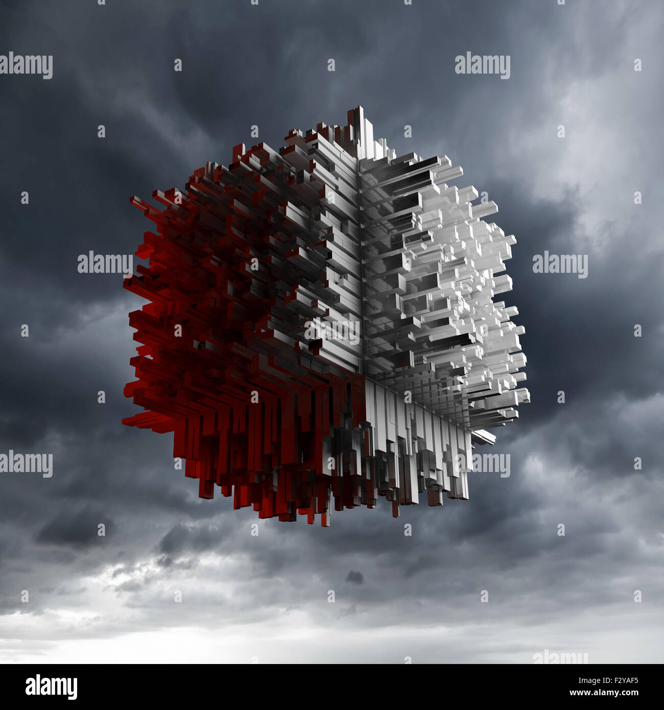 Abstrakte Cube Flugobjekt mit chaotischen extrudierte Fläche über dunkel bewölkter Himmel, 3d illustration Stockfoto