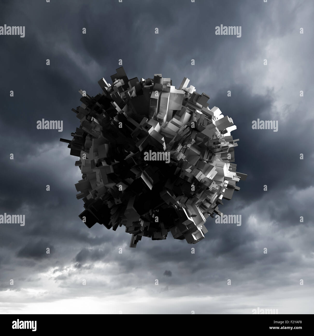 Abstrakte sphärische Flugobjekt mit chaotischen extrudierte Fläche über dunkel bewölkter Himmel, 3d illustration Stockfoto