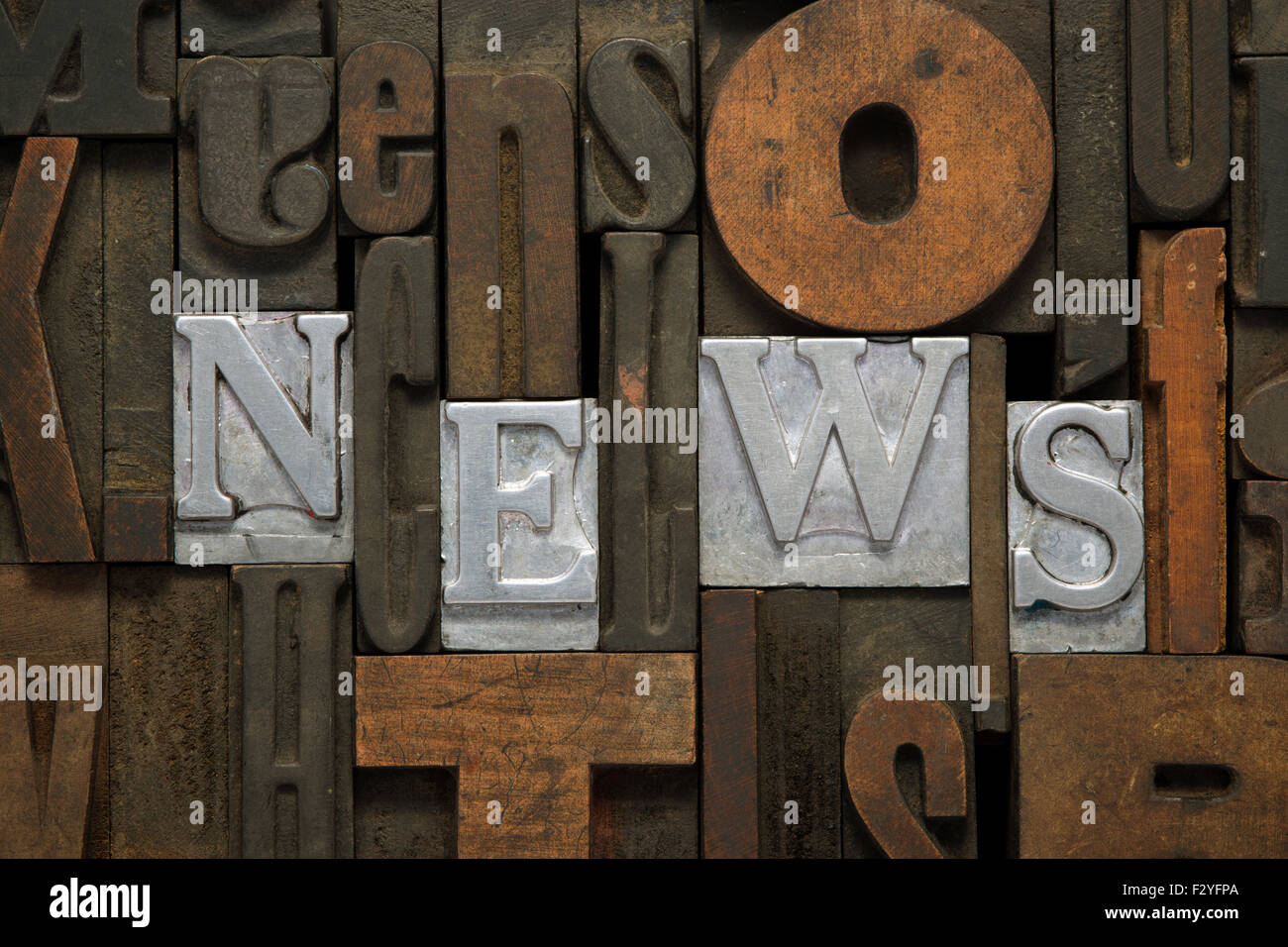 News-Wort aus metallischen Buchdruck Blöcke in gemischten Holzbuchstaben hergestellt Stockfoto