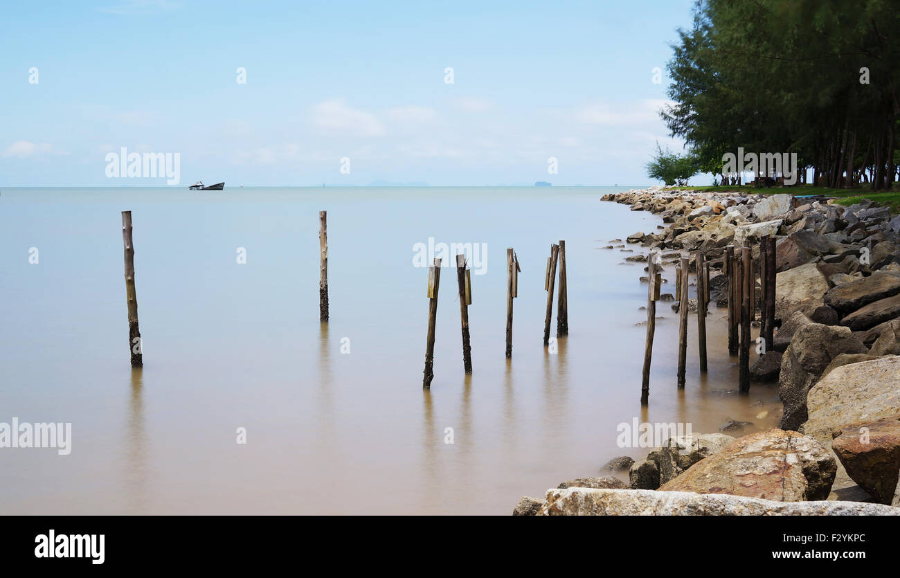 Holz neben den Felsen am Strand Stockfoto