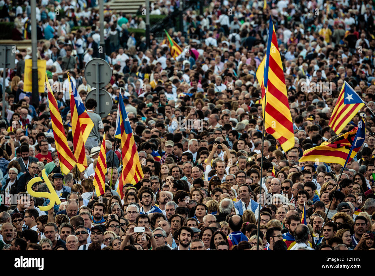 Barcelona, Spanien. 25. Sep 2015. Tausende Anhänger der Pro-Unabhängigkeit Kreuz-Partei Wahlhilfe Liste "Junts Pel Si" (gemeinsam für das ja) füllen Sie Barcelonas Maria Cristina Avenue wehende Fahnen während der abschließenden Kampagne-Rallye für die katalanischen autonomen Wahlen Credit: Matthi/Alamy Live-Nachrichten Stockfoto