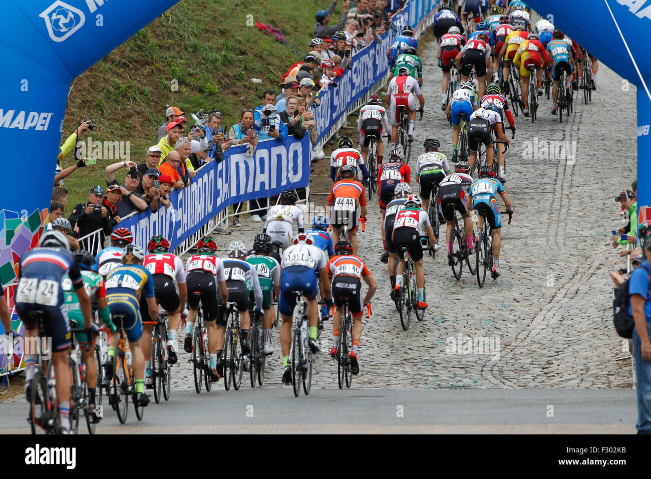 RICHMOND, VIRGINIA, 26. September 2015. Während die 130 Kilometer lange 2015 Junior Men UCI Road World Championship Rennen der Junioren Bereich Angriffe am Ende der gepflasterten Straße 23. Klettern in Richmond, Virginas Kirchhügel Nachbarschaft. Bildnachweis: Ironstring/Alamy Live-Nachrichten Stockfoto