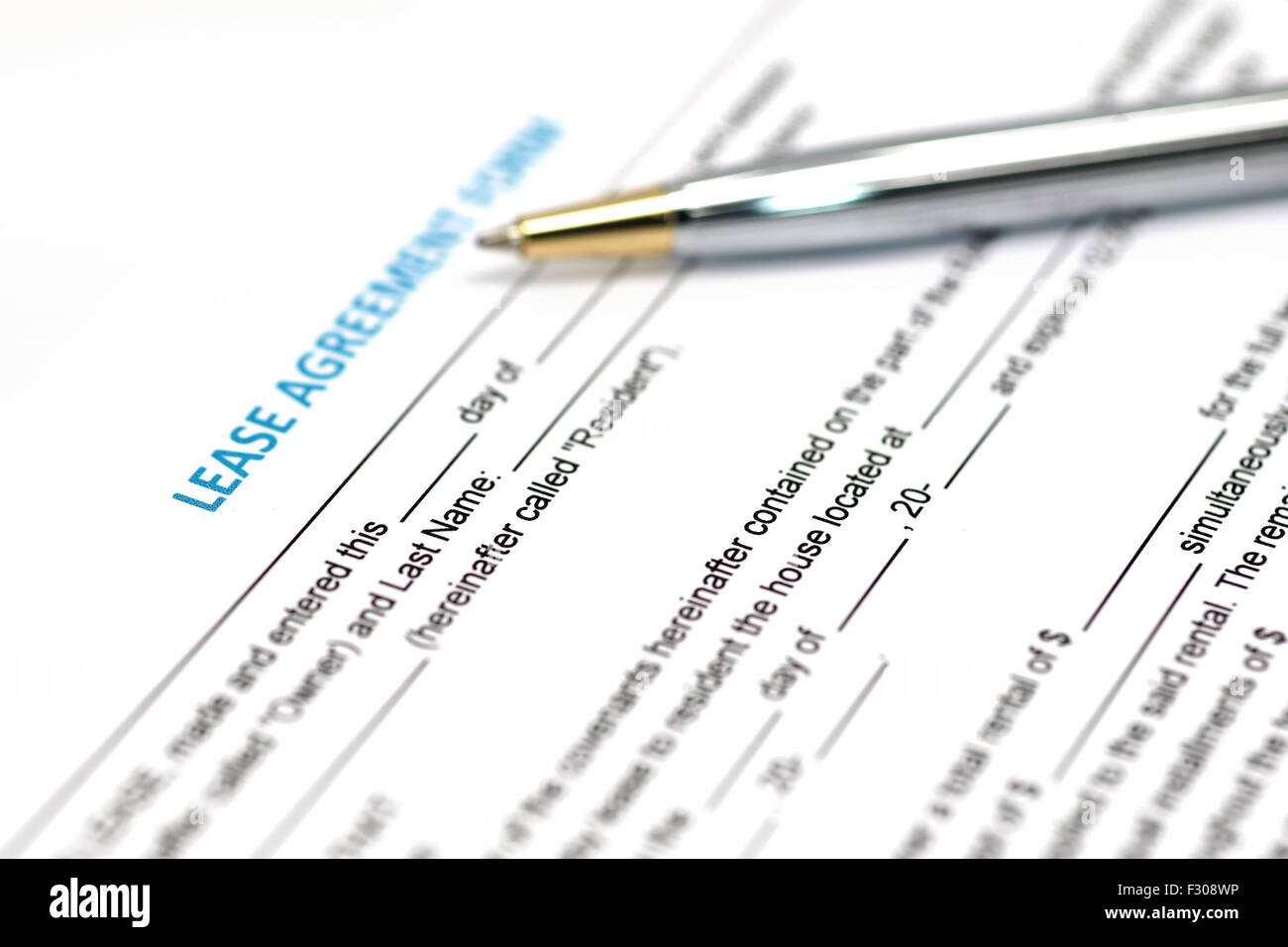 Lease Agreement Dokument mit Stift Stockfoto