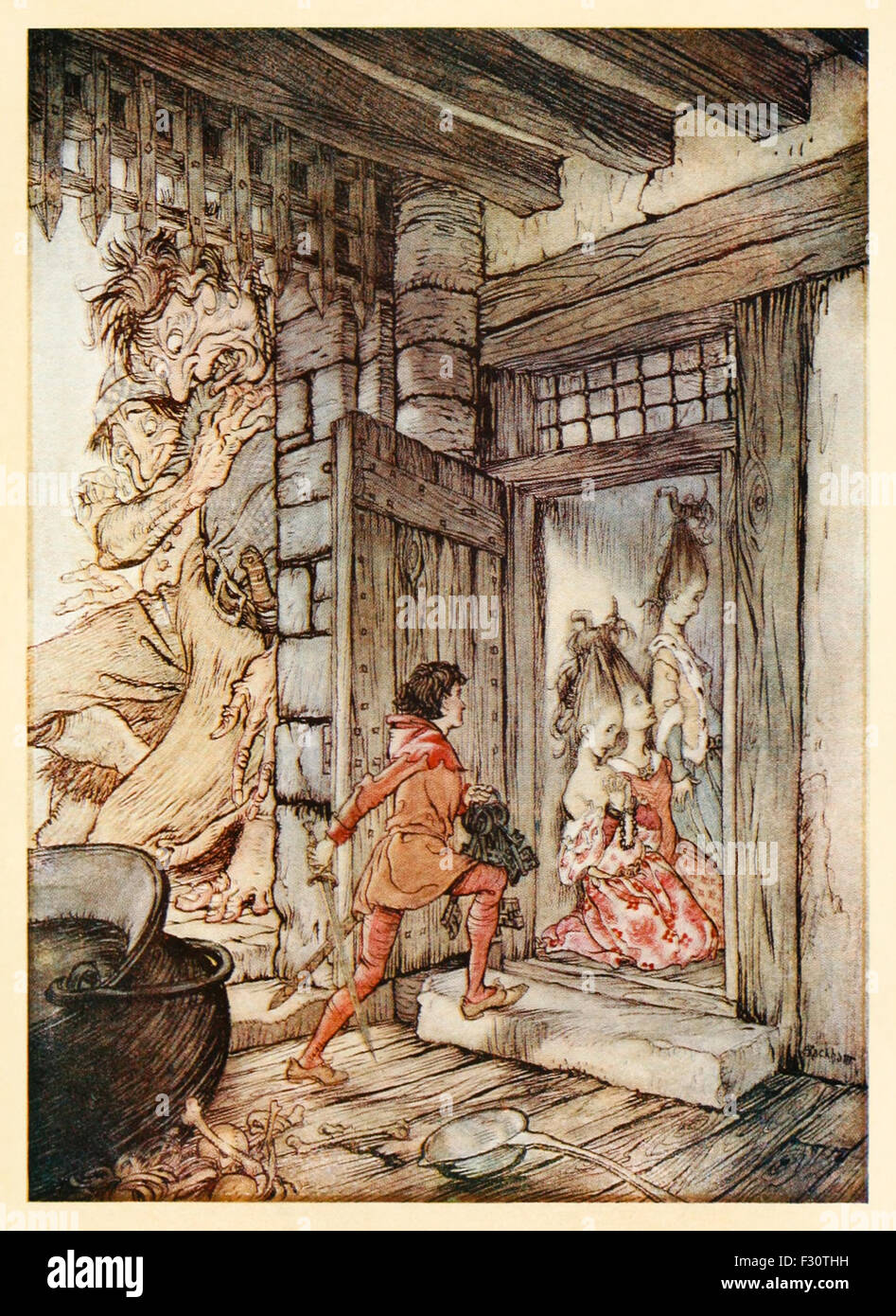 "Nehmen die Schlüssel des Schlosses, entriegelt Jack alle Türen" von "Jack the Giant Killer" im "Englischen Märchen", Illustration von Arthur Rackham (1867-1939). Siehe Beschreibung für mehr Informationen. Stockfoto