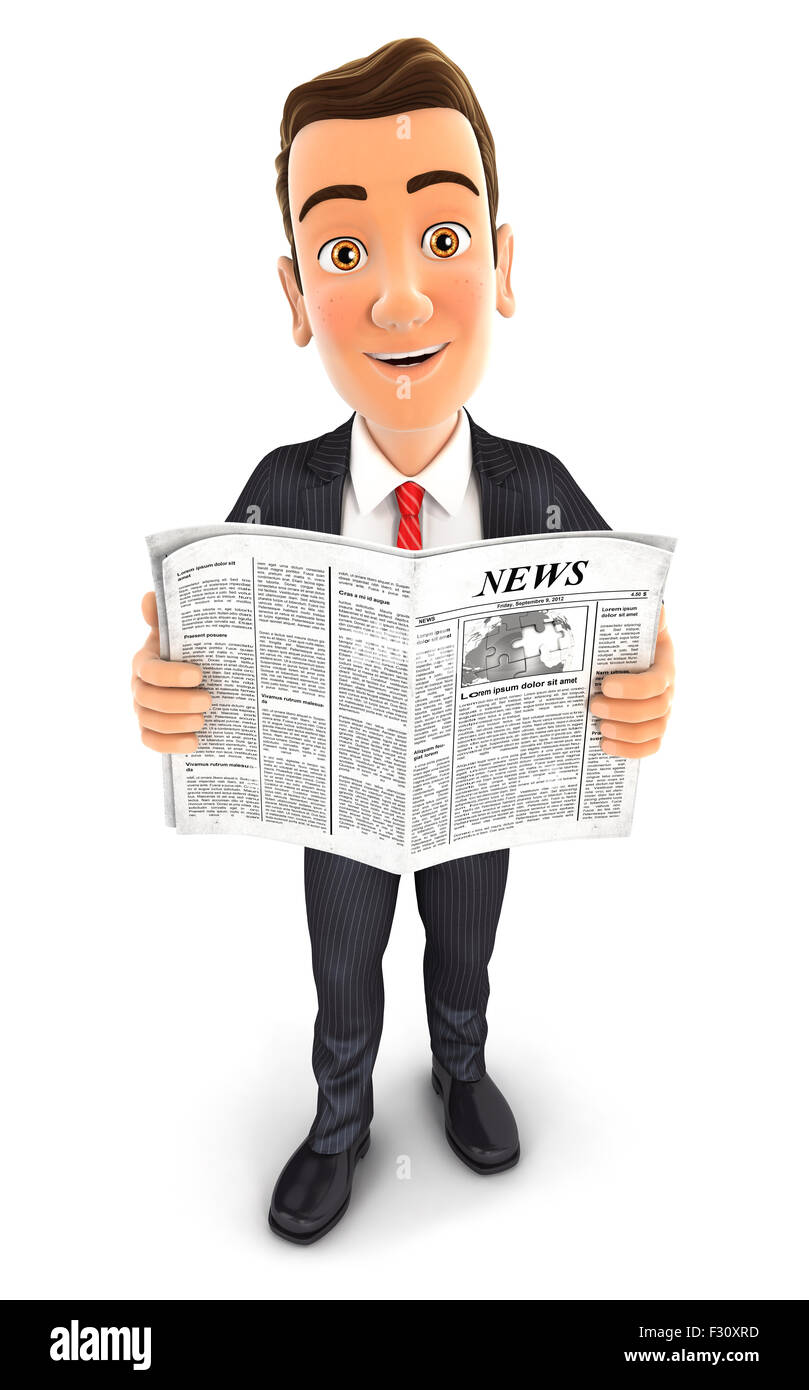 3D Geschäftsmann mit einer Zeitung, isolierten weißen Hintergrund Stockfoto