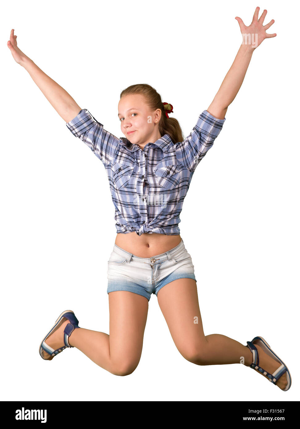 Teen Mädchen in kurzen Hosen auf weißen Backgroung springen Stockfotografie  - Alamy