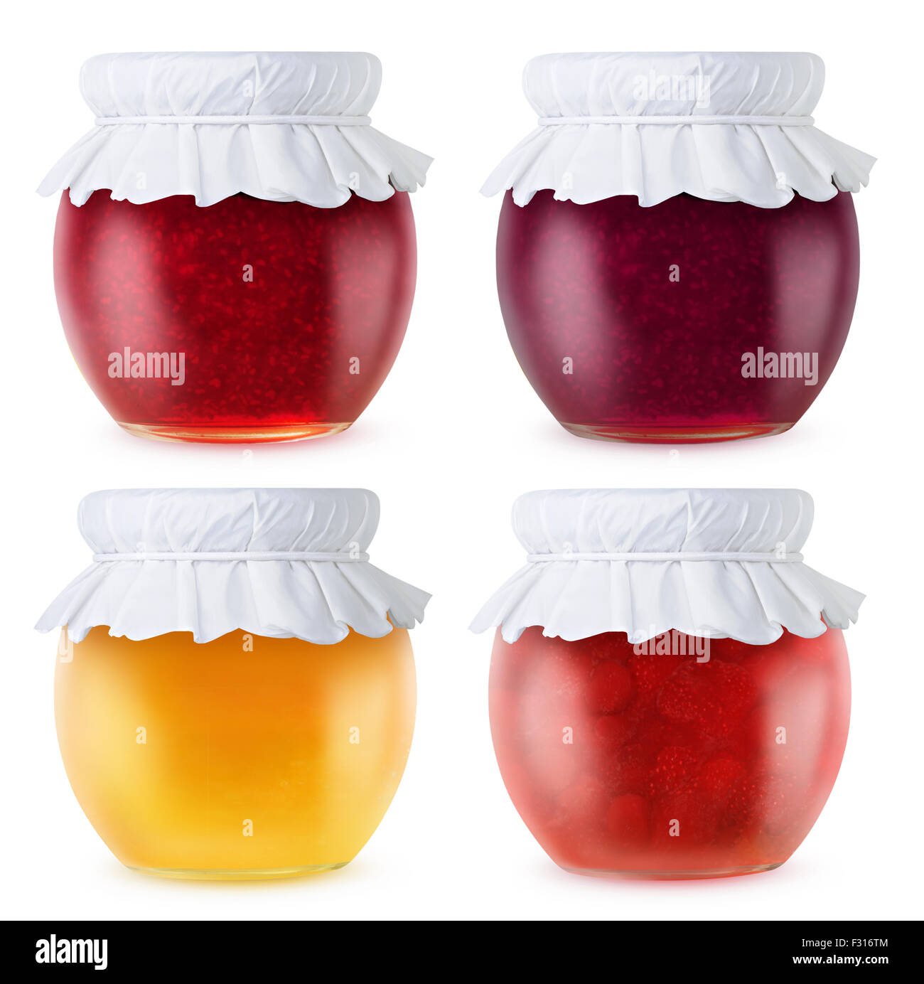 Sammlung von verschiedenen Marmeladengläser isoliert auf weiss, mit Beschneidungspfad Stockfoto