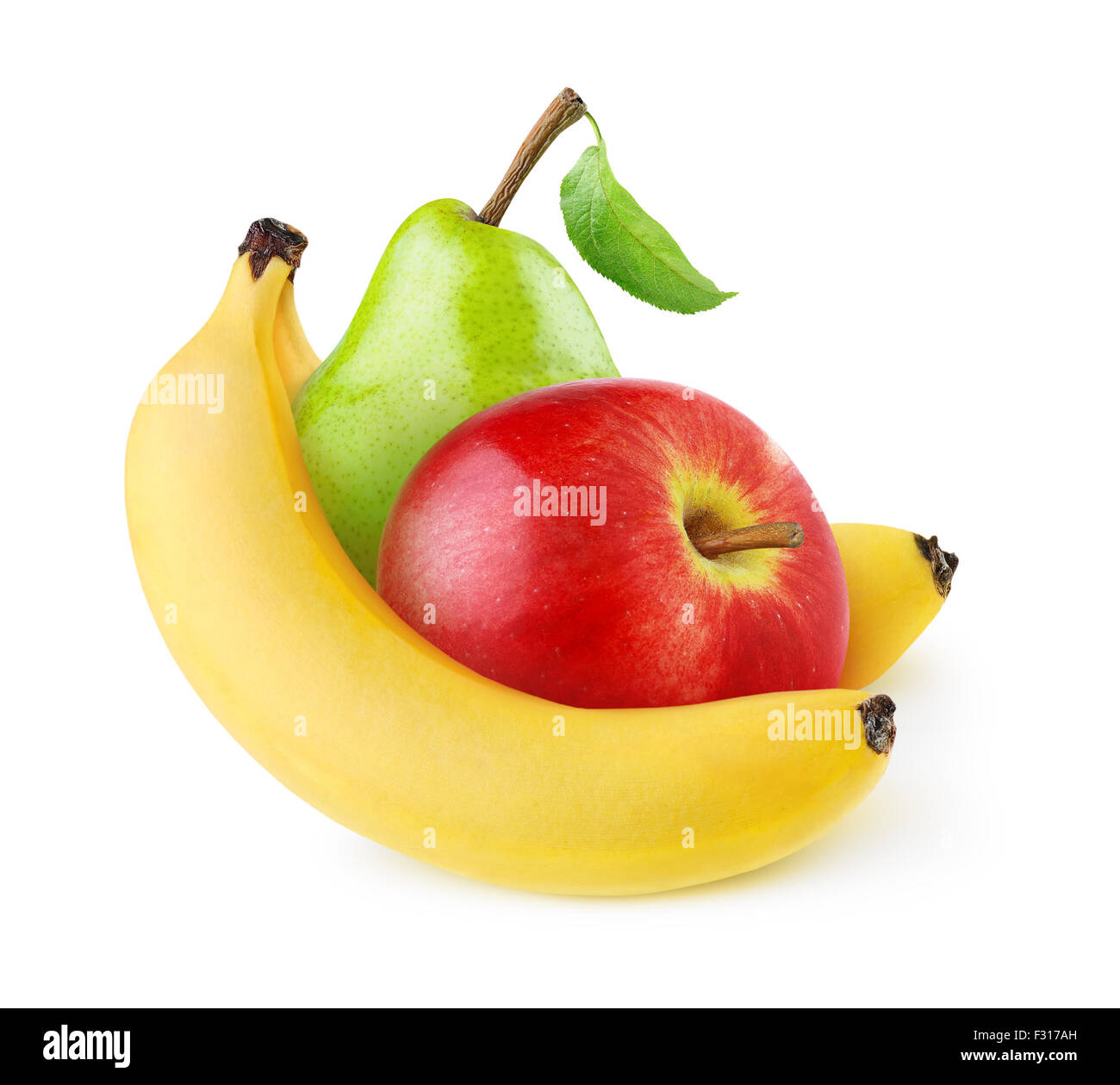 Frische Banane, Apfel und Birne, isoliert auf weiss Stockfoto