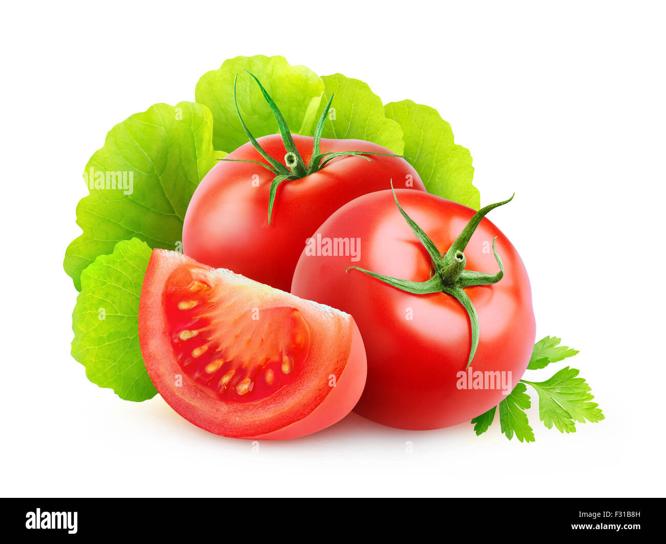 Frische Tomaten und Blattsalat isoliert auf weiss Stockfoto