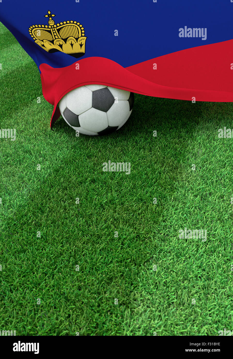 Fußball und Nationalflagge von Lichtenstein liegt auf dem grünen Rasen Stockfoto