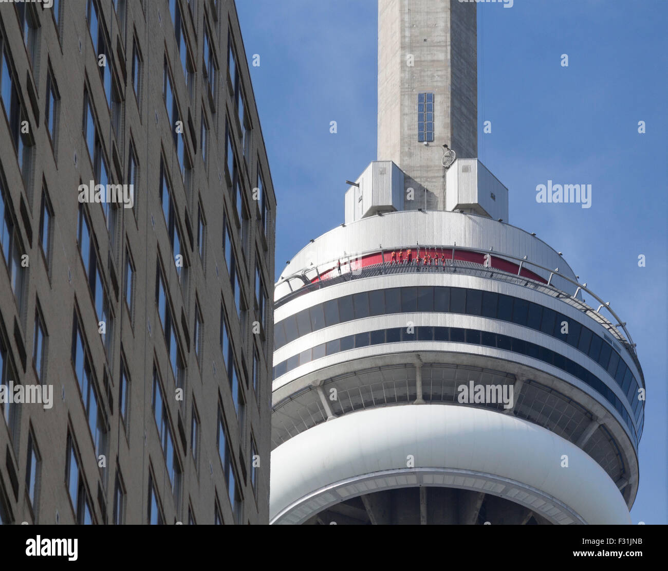 Menschen, die den Edgeqalk auf dem CN Tower in Toronto, Ontario, Kanada, machen Stockfoto