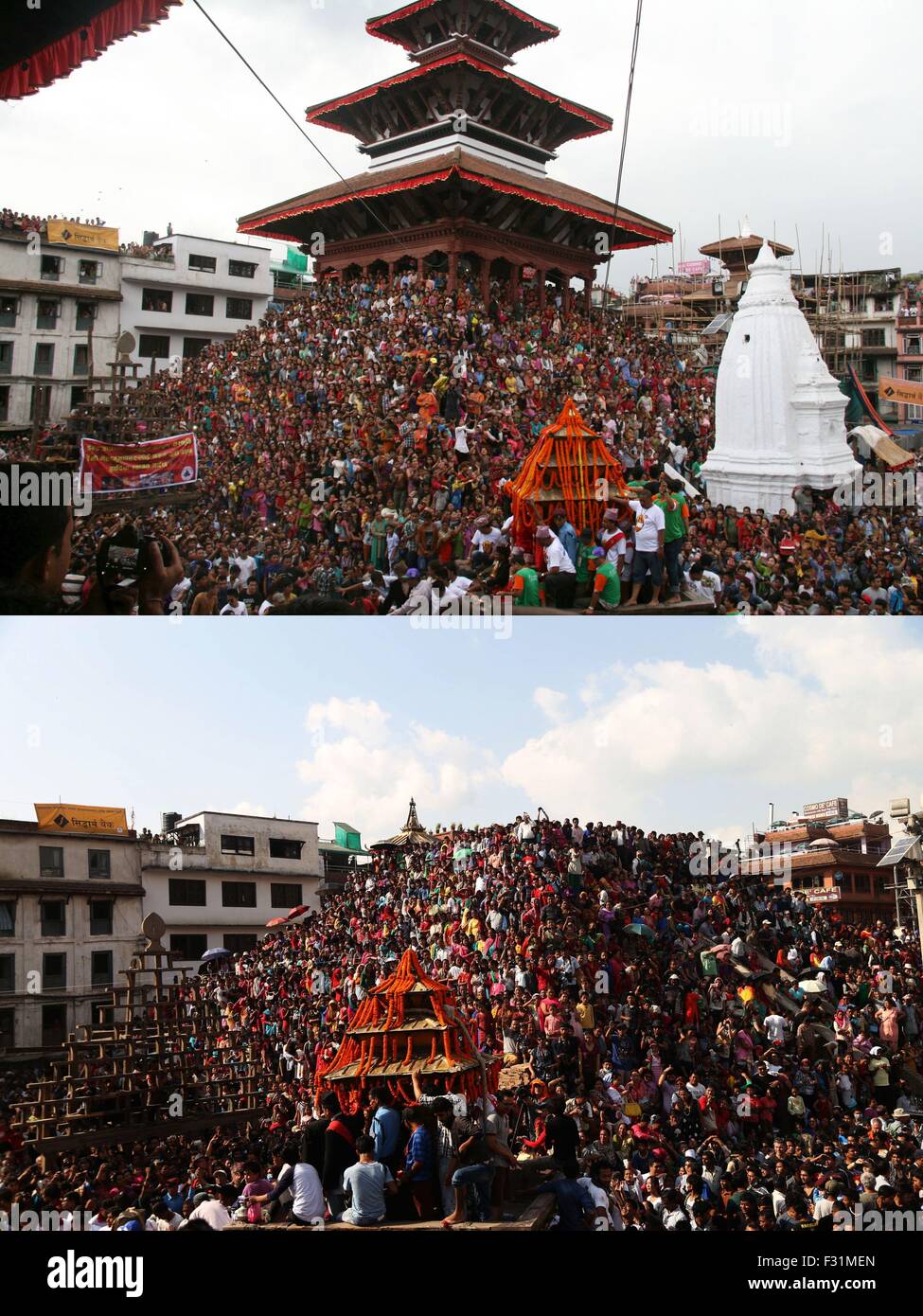 Kathmandu. 27. Sep, 2015. Die Combo Foto zeigt Anhänger Chariot-Prozession der lebenden Göttin Kumari beobachten bleiben in einem Shiva-Tempel am 8. September 2014 (nach oben) und 27. September 2015 nach dem verheerenden Erdbeben, beim Indrajatra Festival in Hanumandhoka Durbar Square in Kathmandu, Hauptstadt von Nepal. Nepalesen feiern das Indrajatra-Festival "Indra", den König der Götter nach dem hinduistischen Mythos zu verehren. © Sunil Sharma/Xinhua/Alamy Live-Nachrichten Stockfoto