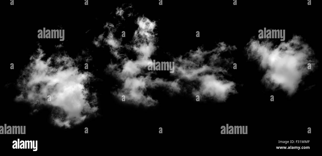 Satz von echten weißen Wolken sah aus wie Rauch isoliert auf schwarzem Hintergrund. Sammlung von weiße Rauchwolken. Stockfoto
