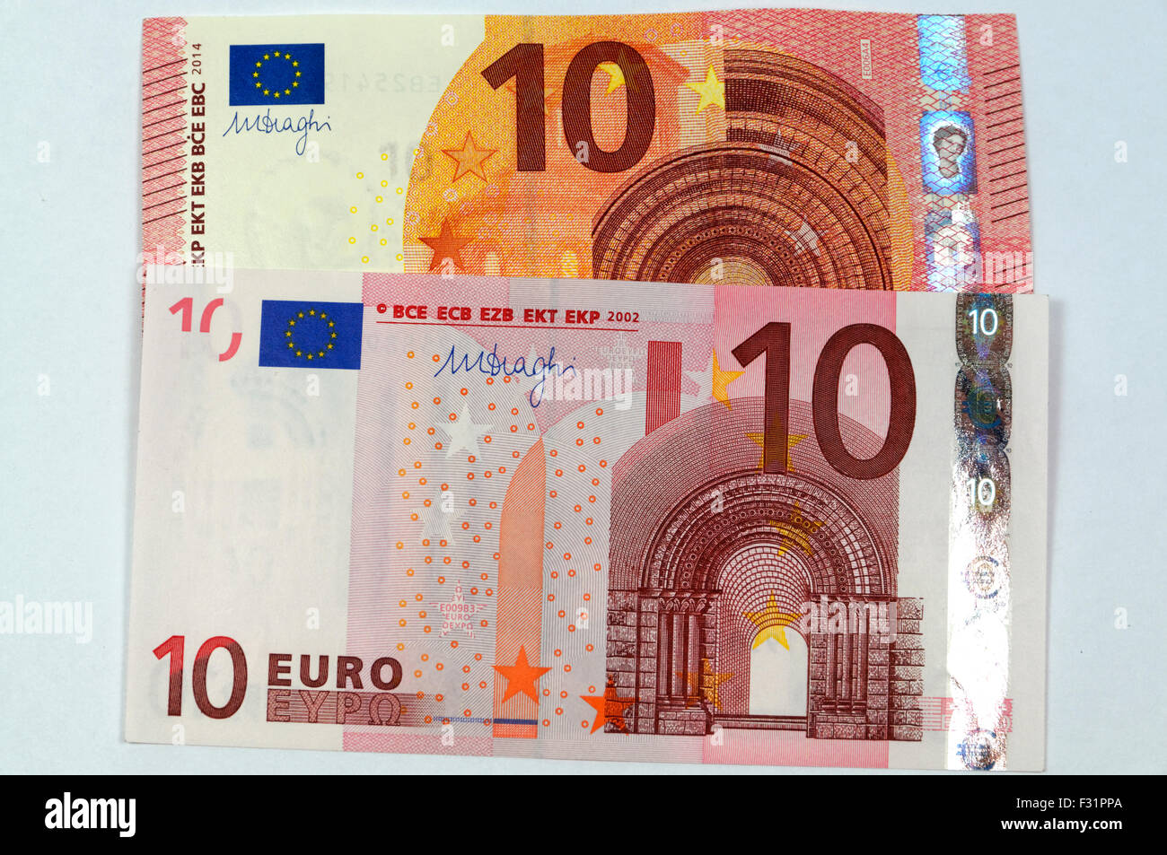 Alte und neue Ausgabe zehn Euro-Banknoten. Stockfoto
