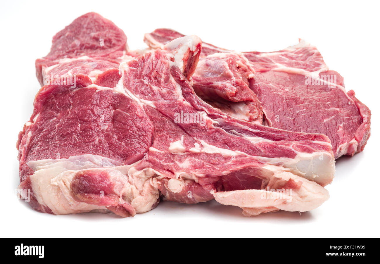 Rohes Rindfleisch Steaks auf einem weißen Hintergrund. Stockfoto