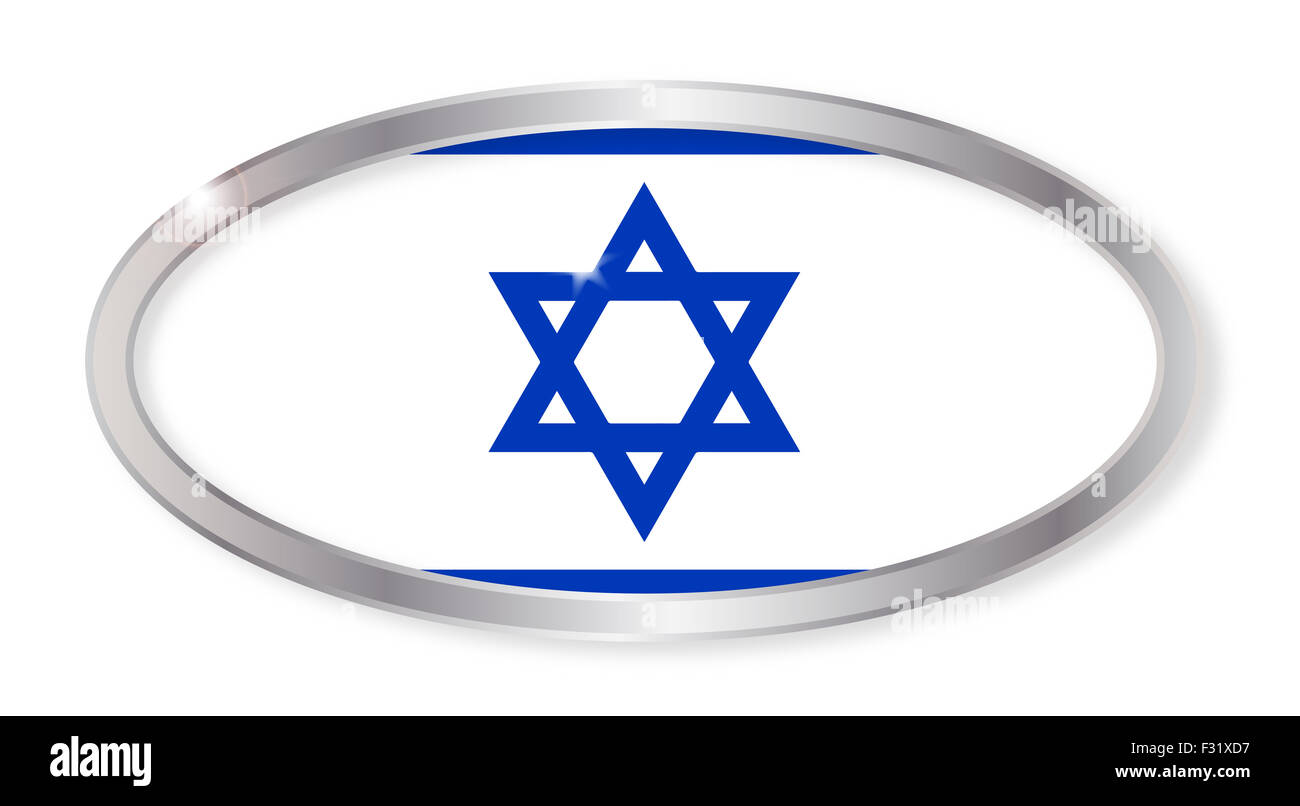 Ovale silberne Taste mit der israelischen Flagge auf einem weißen Hintergrund isoliert Stockfoto