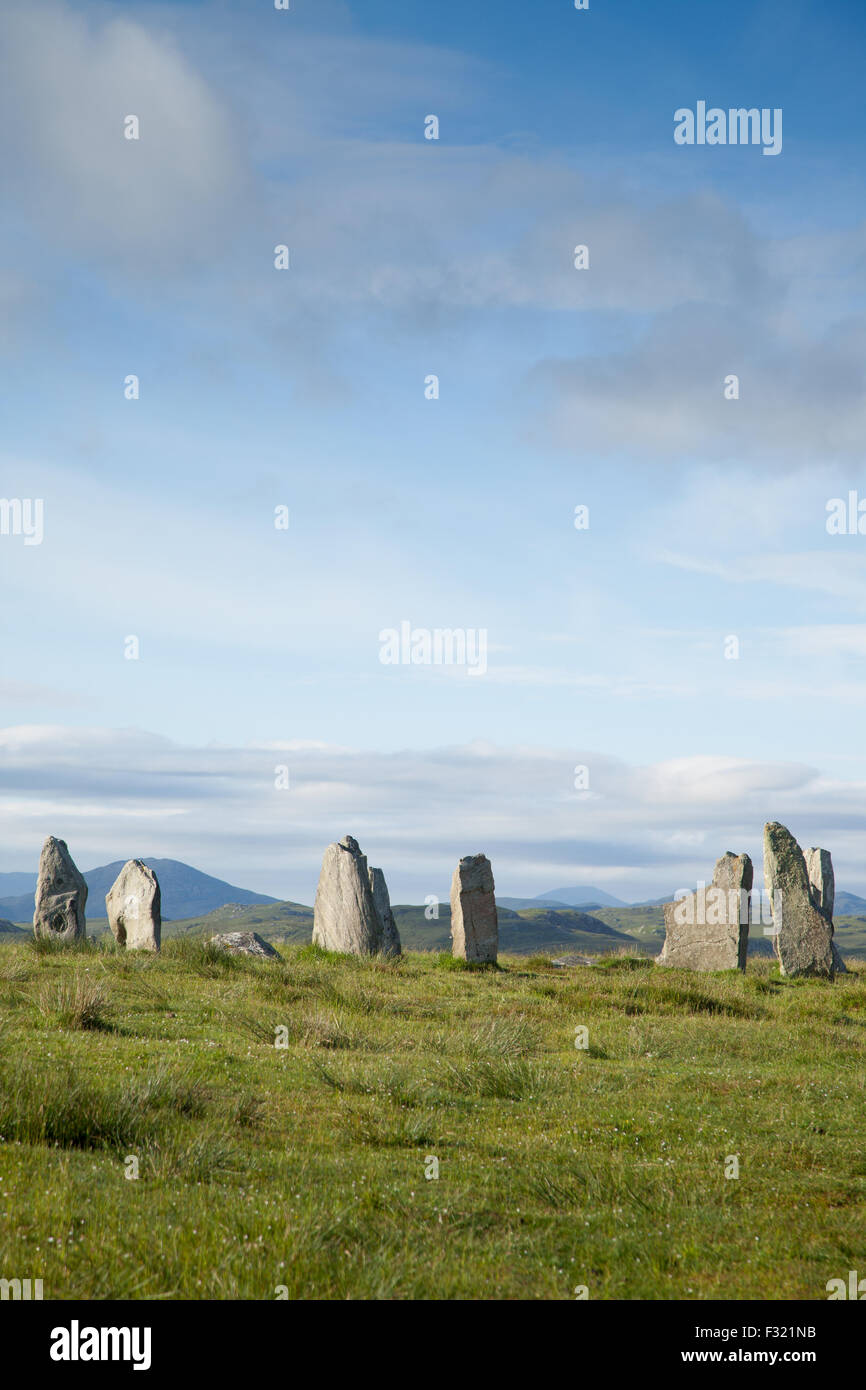 Drei Callanish eine große Gruppe von Menhiren auf der Isle of Lewis, äußeren Hebriden, Schottland, Vereinigtes Königreich. Stockfoto