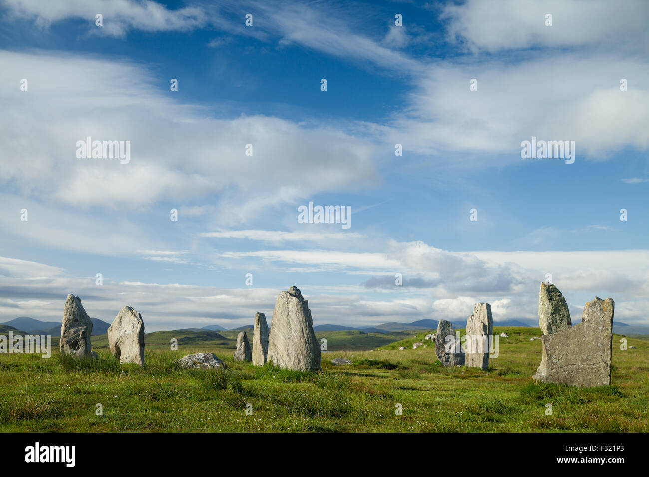 Drei Callanish eine große Gruppe von Menhiren auf der Isle of Lewis, äußeren Hebriden, Schottland, Vereinigtes Königreich. Stockfoto