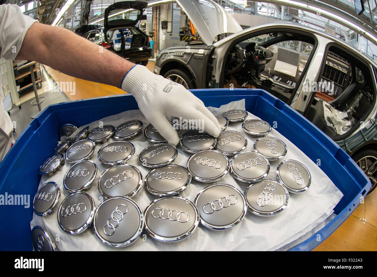 Ingolstadt, Deutschland. 28. Februar 2014. Ein Mitarbeiter hält Audi Emblem vor ein Audi A3 im Audi-Werk in Ingolstadt, Deutschland, 28. Februar 2014. Foto: Armin Weigel/Dpa/Alamy Live-Nachrichten Stockfoto