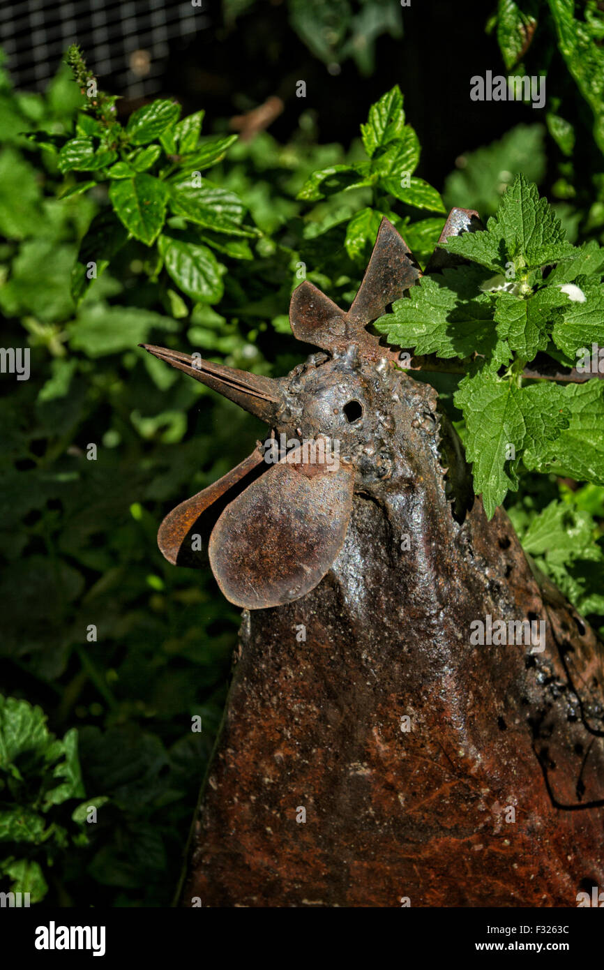 Geschweißte Metall-Statue von einem Hahn in einem Garten Stockfoto