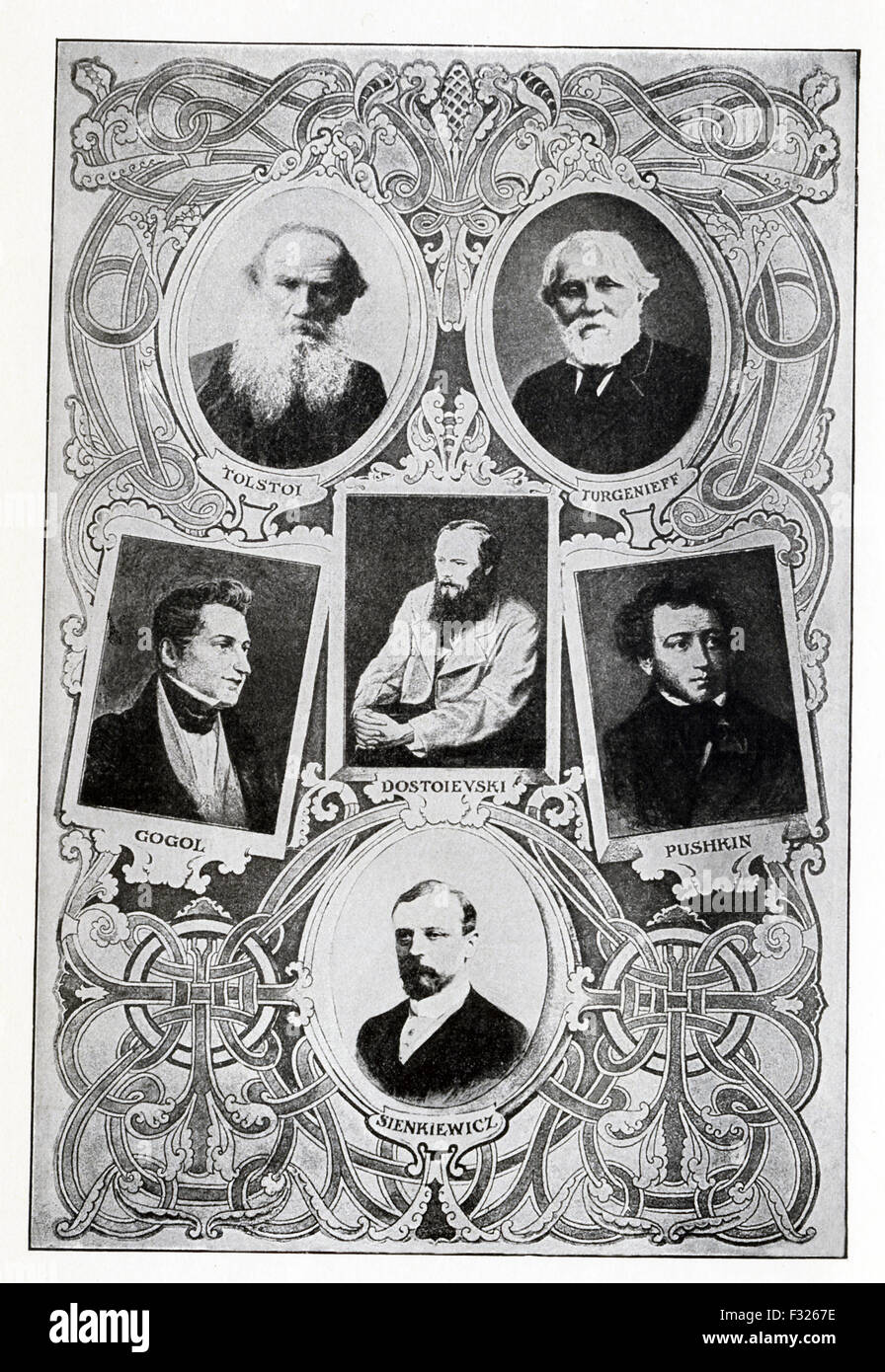 Die russischen Autoren, die hier abgebildet sind, von links nach rechts und von oben nach unten: Tolstoi (1828-1910), Turgenieff (Turgenjew) (1818 – 1883), Gogol (1908-1852), Dostojewski (1821-1881), Puschkin (1799-1837) und Sienkiewicz (1846-1916). Stockfoto