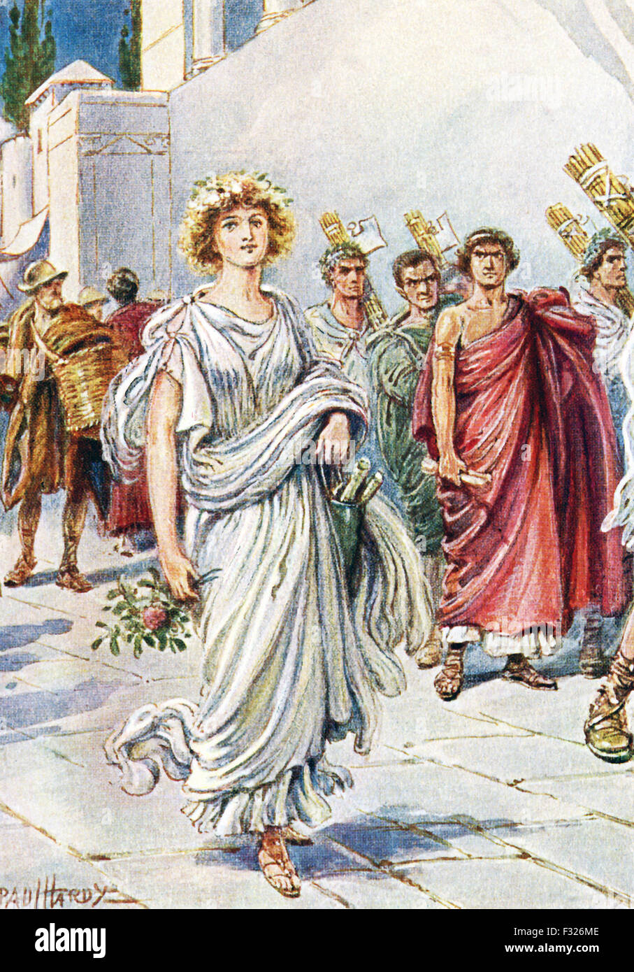 Laut der antiken römischen Historiker Titus Livius, Virginia (auch buchstabiert Verginia) war die Tochter des angesehenen Zenturio Lucius Virginius. Appius Claudius, einer der politischen Führer von Rom – ein Dezemvir als Büro hieß und er war einer der zehn hochrangigen und mächtige Männer — 451 v. Chr. beschloss er haben wollte. Er sagte, sie war tatsächlich ein Sklave seines Mandanten und so hatte er einen Anspruch auf ihr. Virginias Vater gebeten, sie in Frage zu stellen – er tat es und bevor jemand ihn stoppen könnte, er stach seine Tochter, so dass sie nicht mit Appius Claudius gehen müsste. Stockfoto