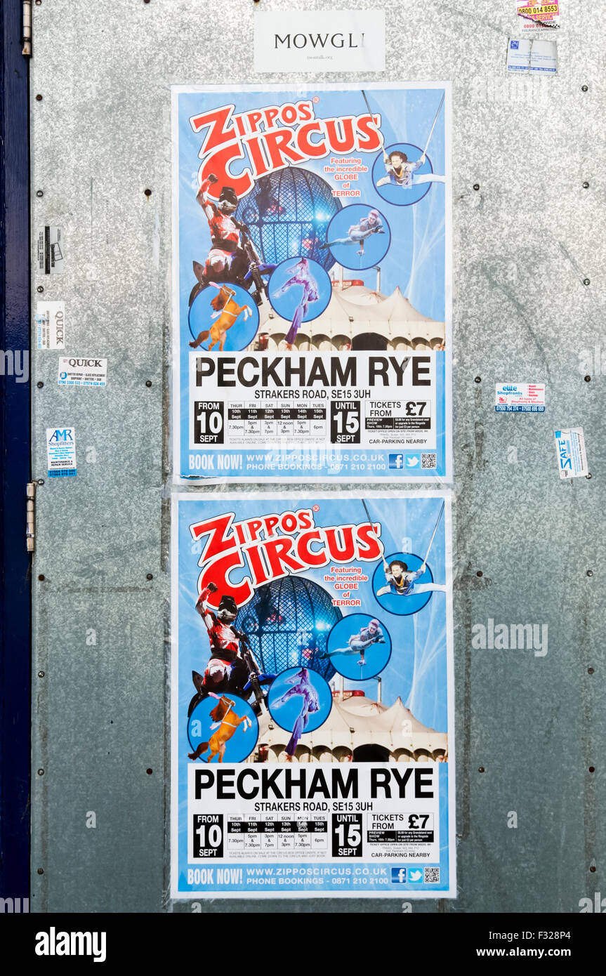 Plakatwerbung Zippo Zirkus auf Peckham Rye in Südlondon. Stockfoto