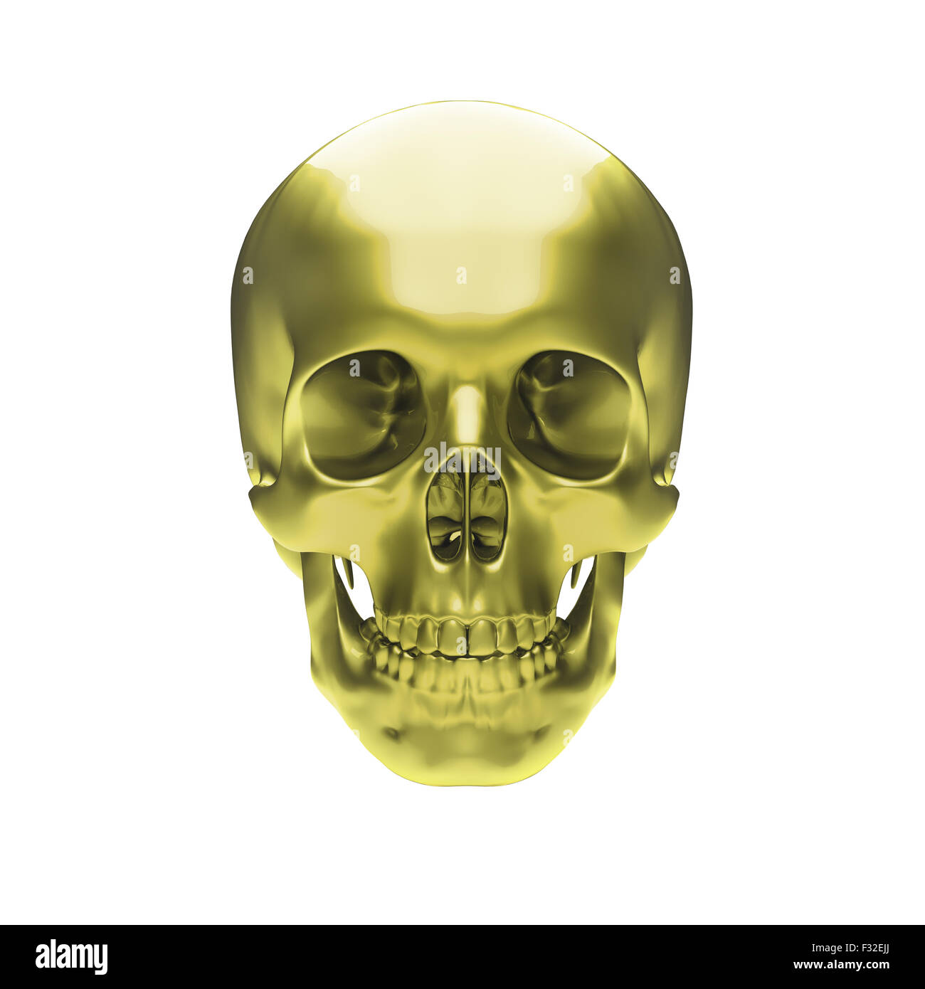 Gold metallic Schädel auf weißem Hintergrund Stockfoto