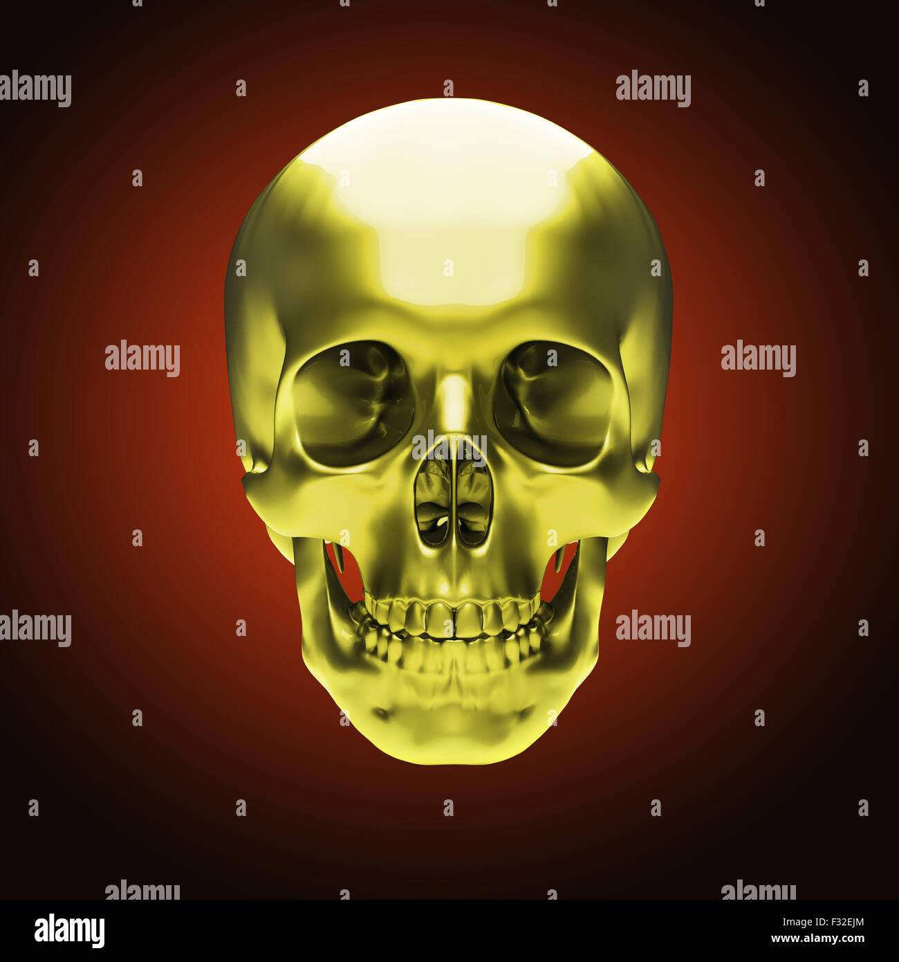 Gold metallic Totenkopf auf dunkelroten Hintergrund Stockfoto