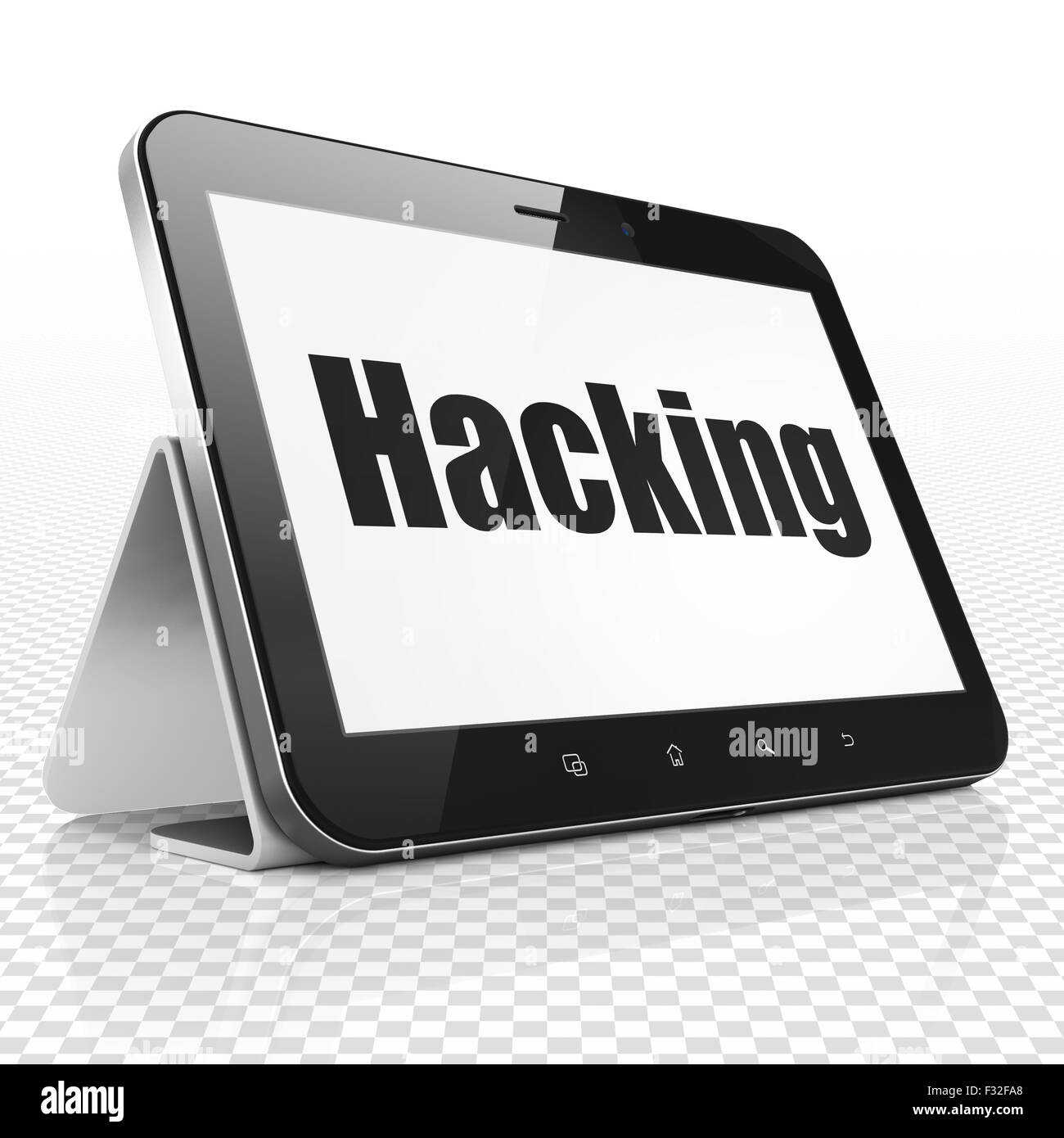 Sicherheitskonzept: Tablet-Computer mit Hacking auf dem Display Stockfoto