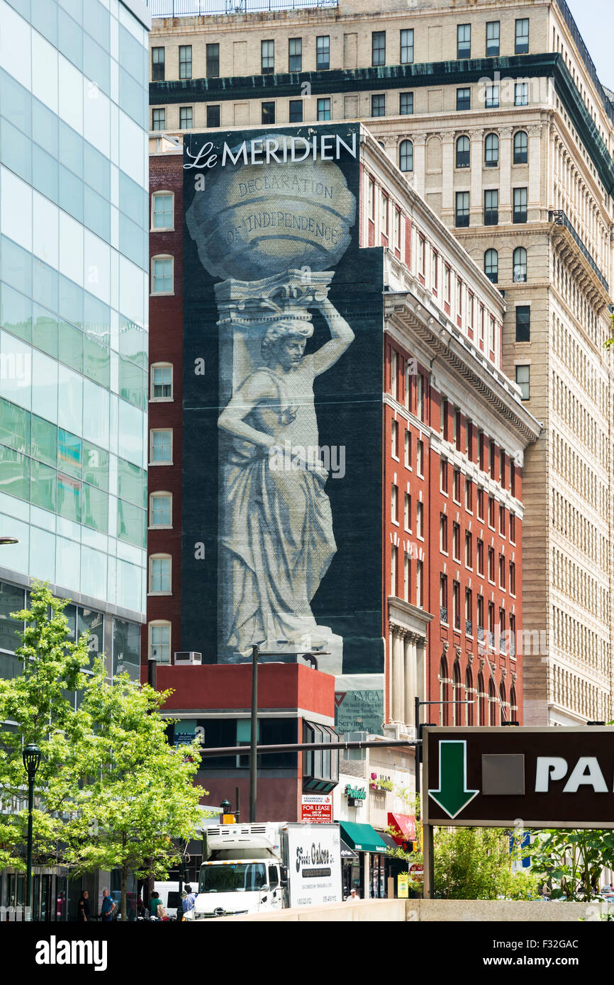 Ein Riesen Poster an der Wand in der Mitte der Stadt, Philadelphia, PA, USA Stockfoto