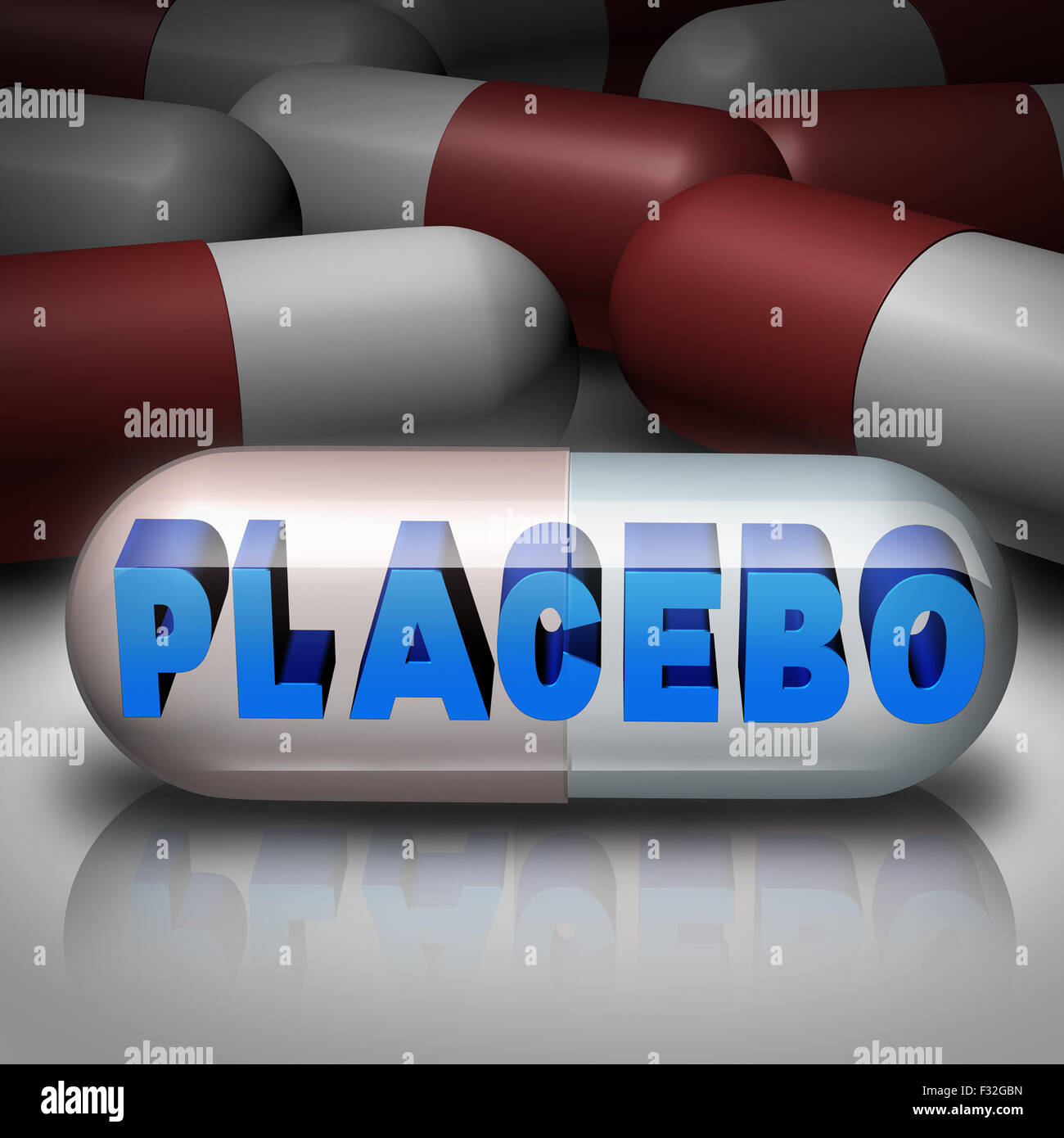 Placebo-Effekt medizinisches Konzept als eine transparente Pille mit Text als ein Medizin-Symbol für die Forschung bei der Suche nach affektiven Drogen mit einer Doppelblind-Studie. Stockfoto