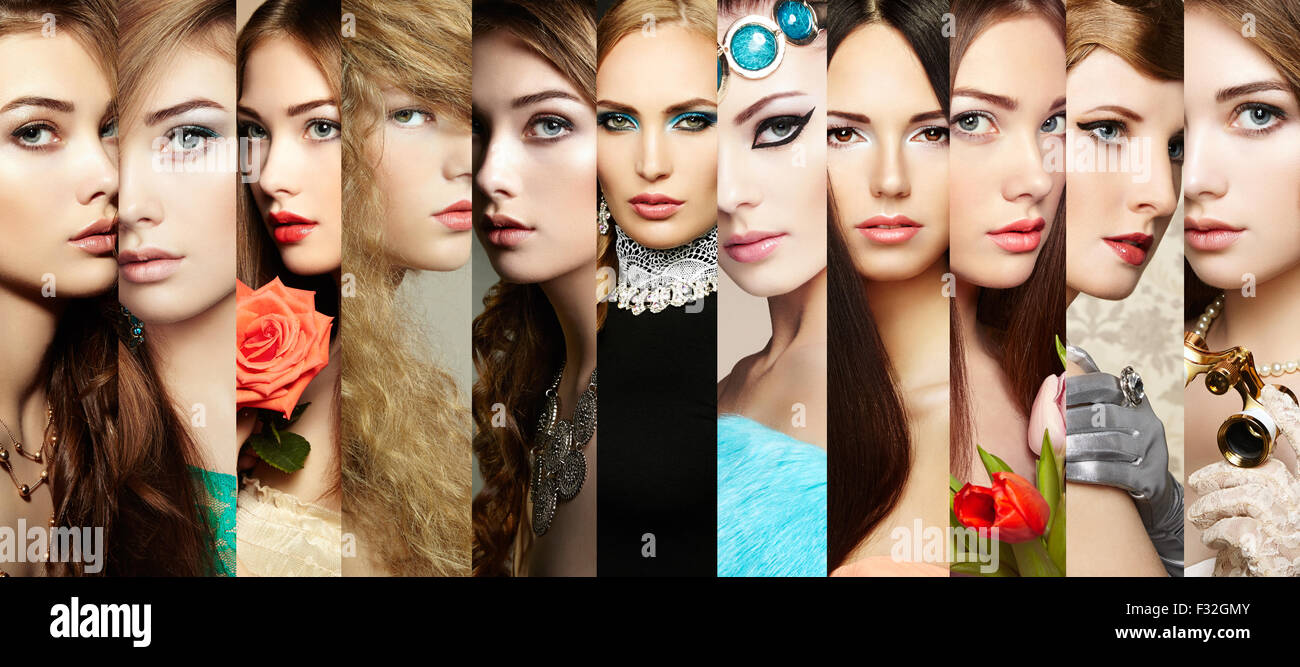 Schönheit-Collage. Gesichter der Frauen. Gruppe von Menschen. Modefoto Stockfoto