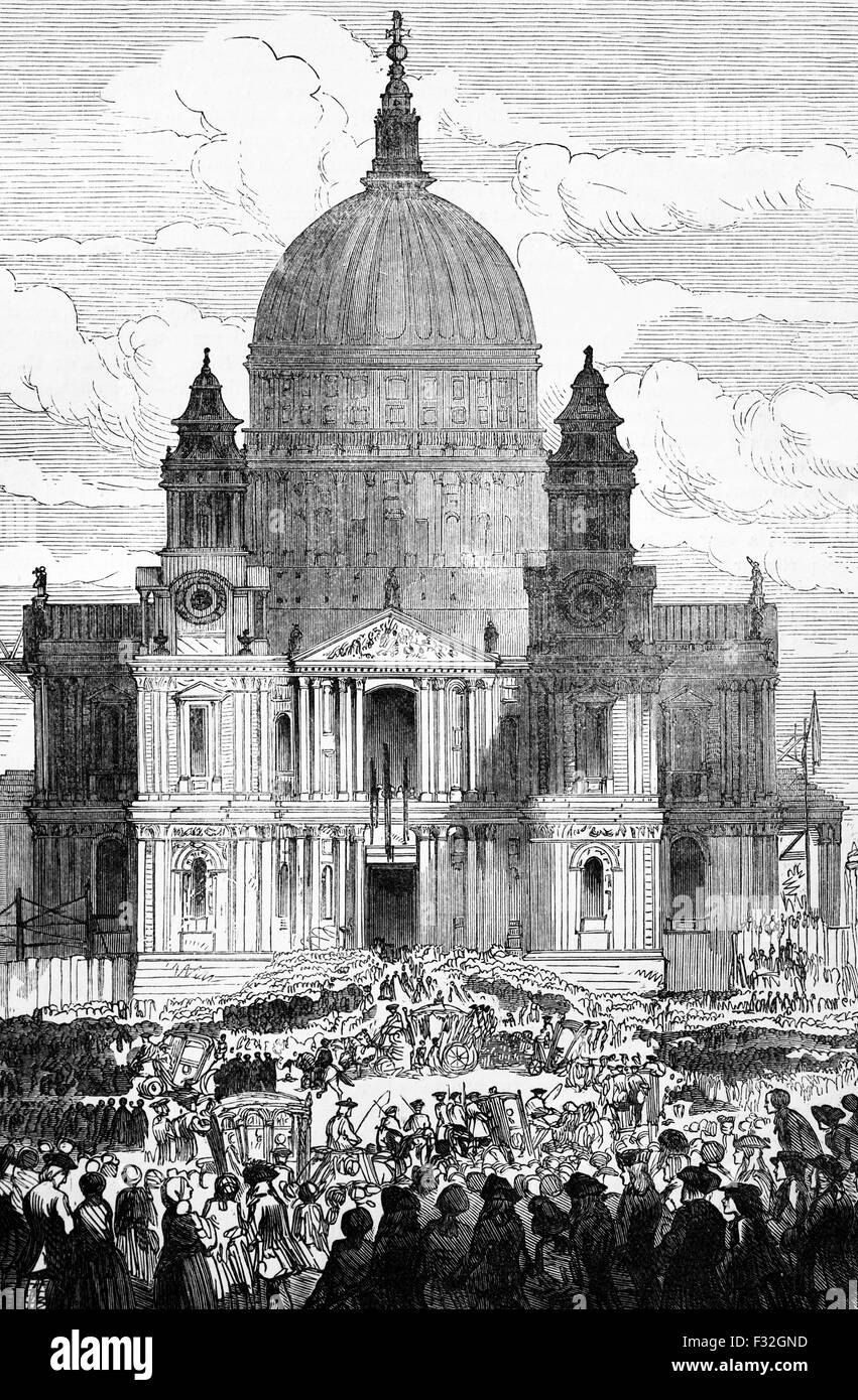 König William III. Ankunft in seinem Trainer von Massen an einen Dankgottesdienst in St. Pauls Cathedral, London, England begrüßt. Wahrscheinlich in der Feier für die Niederlage von König James II und die Jakobiten im Jahre 1697. Stockfoto