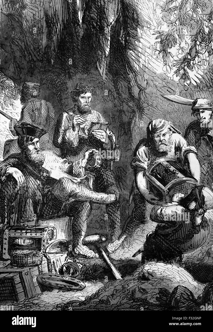 William "Captain" Kidd (1645-1701) beobachtete seine Crew Schatz in einer Höhle zu verbergen. Er war ein schottischer Seemann ausgeführt für Piraterie nach der Rückkehr von einer Reise in den Indischen Ozean, obwohl es Beweise, die nur als Freibeuter Kidd gehandelt. Stockfoto