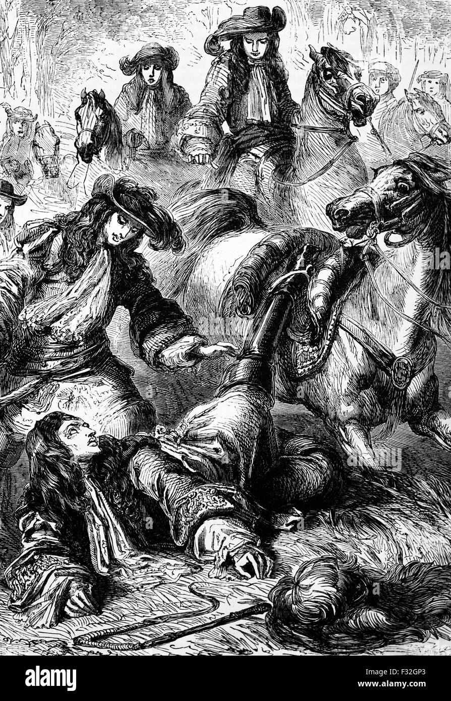 König William III von seinem Pferd in Hampton Court, ein königlicher Palast in London Borough of Richmond nach Themse, England im Jahre 1701 geworfen. Stockfoto