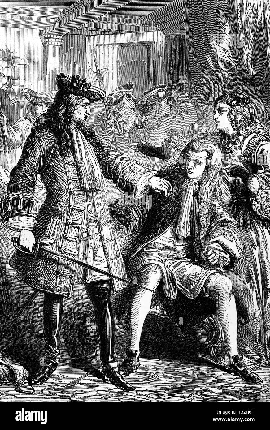 Die Verhaftung von Graf Carl Gyllenborg, schwedische Botschafter im Jahre 1715, wegen seiner Teilnahme an dem Grundstück, das Haus Stuart in England wieder. Stockfoto