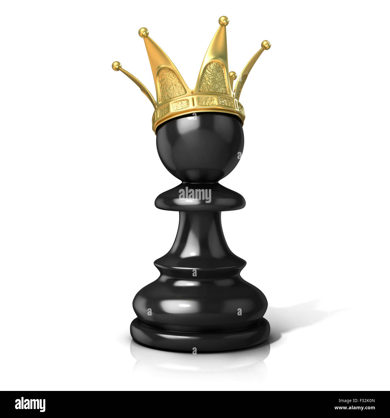 Schwarze Figur mit einer goldenen Krone, isoliert auf weißem Hintergrund Stockfoto