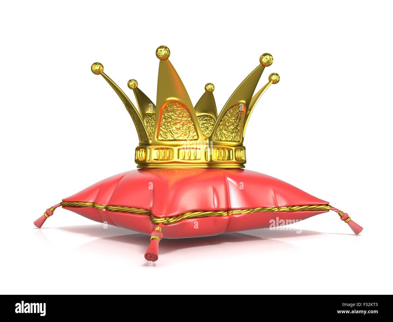 Königliche rote Kissen und goldene Krone. 3D-Render Abbildung isoliert auf weißem Hintergrund Stockfoto