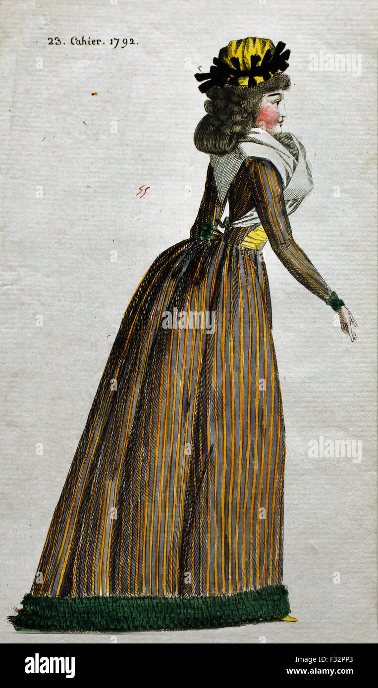 Mode News Kabinett des Modes 1785-1786 Magasin des Modes Nouvelles et Francaises Anglaises 1786-1789 Journal De La Mode et du Gicht 1790-1793 (herausgegeben von Le Brun Tossa A.B. Duhamel) Hand Farbe Gravur Paris Frankreich Stockfoto