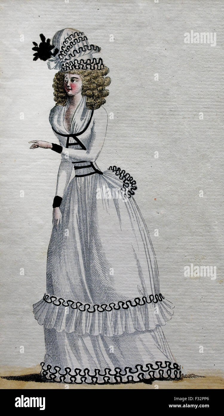 Mode News Kabinett des Modes 1785-1786 Magasin des Modes Nouvelles et Francaises Anglaises 1786-1789 Journal De La Mode et du Gicht 1790-1793 (herausgegeben von Le Brun Tossa A.B. Duhamel) Hand Farbe Gravur Paris Frankreich Stockfoto