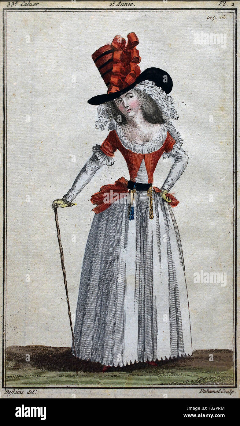 Mode News Kabinett des Modes 1785-1786 Magasin des Modes Nouvelles et Francaises Anglaises 1786-1789 Journal De La Mode et du Gicht 1790-1793 (herausgegeben von Le Brun Tossa A.B. Duhamel) Hand Farbe Gravur Paris Frankreich Stockfoto