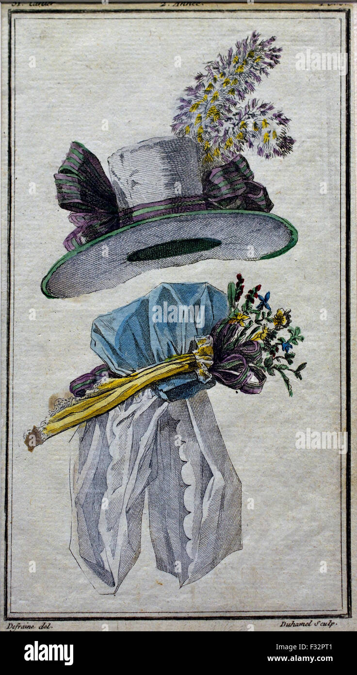 Mode News Kabinett des Modes 1785-1786 Magasin des Modes Nouvelles et Francaises Anglaises 1786-1789 Journal De La Mode et du Gicht 1790-1793 (herausgegeben von Le Brun Tossa A.B. Duhamel) Hand Farbe Gravur Paris Frankreich Stockfoto