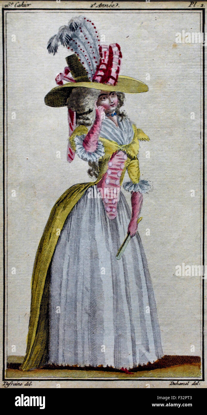 Mode News Kabinett des Modes 1785-1786 Magasin des Modes Nouvelles et Francaises Anglaises 1786-1789 Journal De La Mode et du Gicht 1790-1793 (herausgegeben von Le Brun Tossa A.B. Duhamel) Hand Farbe Gravur Paris Frankreich Stockfoto