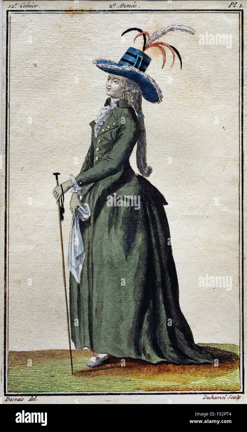 Mode News Kabinett des Modes 1785-1786 Magasin des Modes Nouvelles et Francaises Anglaises 1786-1789 Journal De La Mode et du Gicht 1790-1793 (herausgegeben von Le Brun Tossa A.B. Duhamel) Hand Farbe Gravur Paris Frankreich Stockfoto