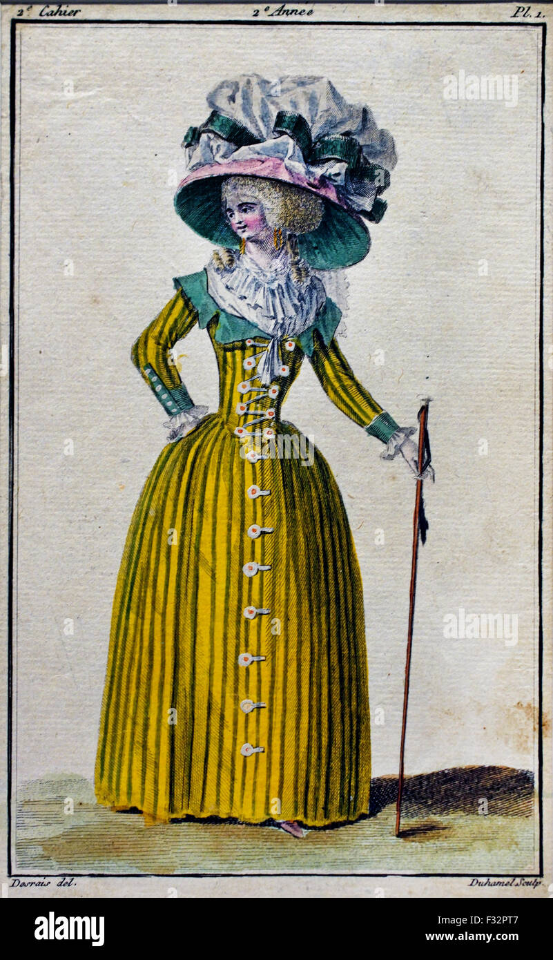 Mode News Kabinett des Modes 1785-1786 Magasin des Modes Nouvelles et Francaises Anglaises 1786-1789 Journal De La Mode et du Gicht 1790-1793 (herausgegeben von Le Brun Tossa A.B. Duhamel) Hand Farbe Gravur Paris Frankreich Stockfoto