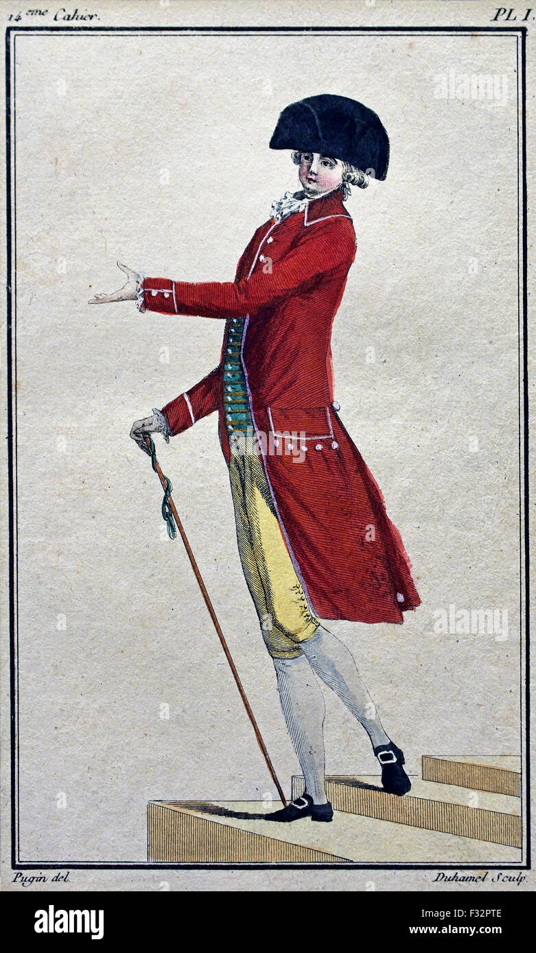 Mode News Kabinett des Modes 1785-1786 Magasin des Modes Nouvelles et Francaises Anglaises 1786-1789 Journal De La Mode et du Gicht 1790-1793 (herausgegeben von Le Brun Tossa A.B. Duhamel) Hand Farbe Gravur Paris Frankreich Stockfoto