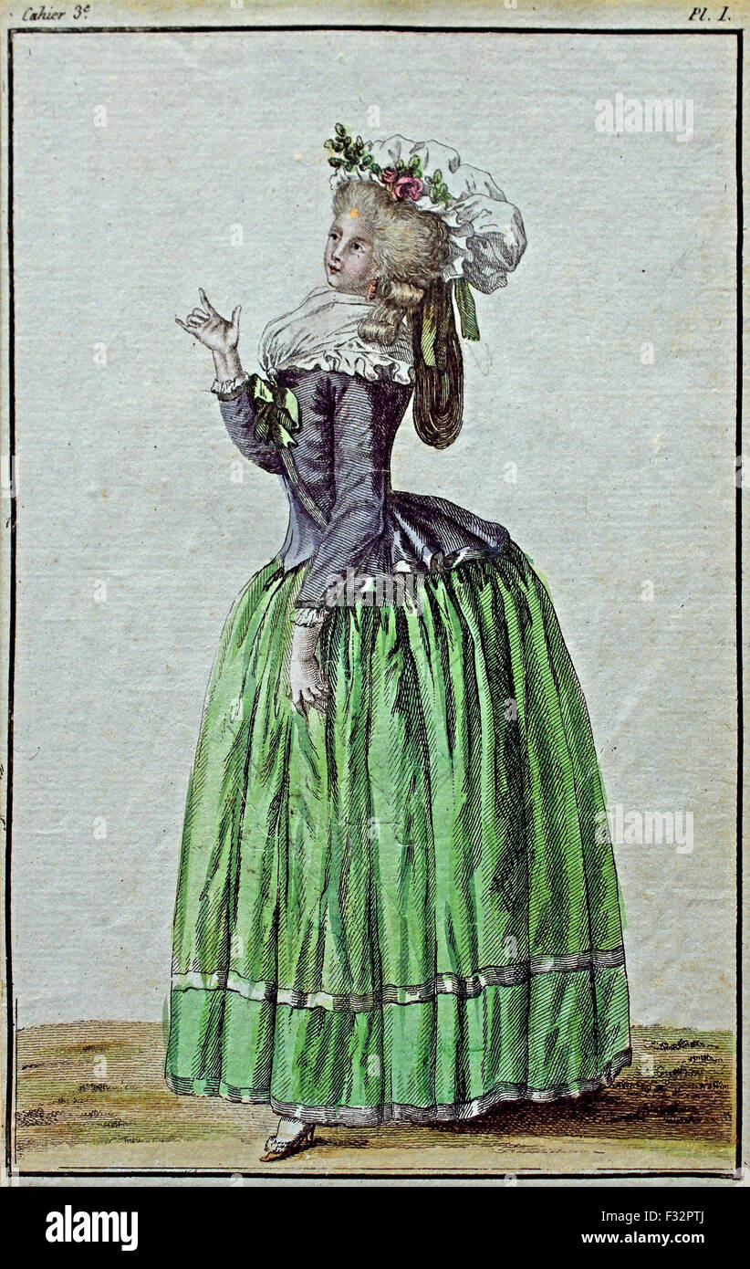 Mode News Kabinett des Modes 1785-1786 Magasin des Modes Nouvelles et Francaises Anglaises 1786-1789 Journal De La Mode et du Gicht 1790-1793 (herausgegeben von Le Brun Tossa A.B. Duhamel) Hand Farbe Gravur Paris Frankreich Stockfoto