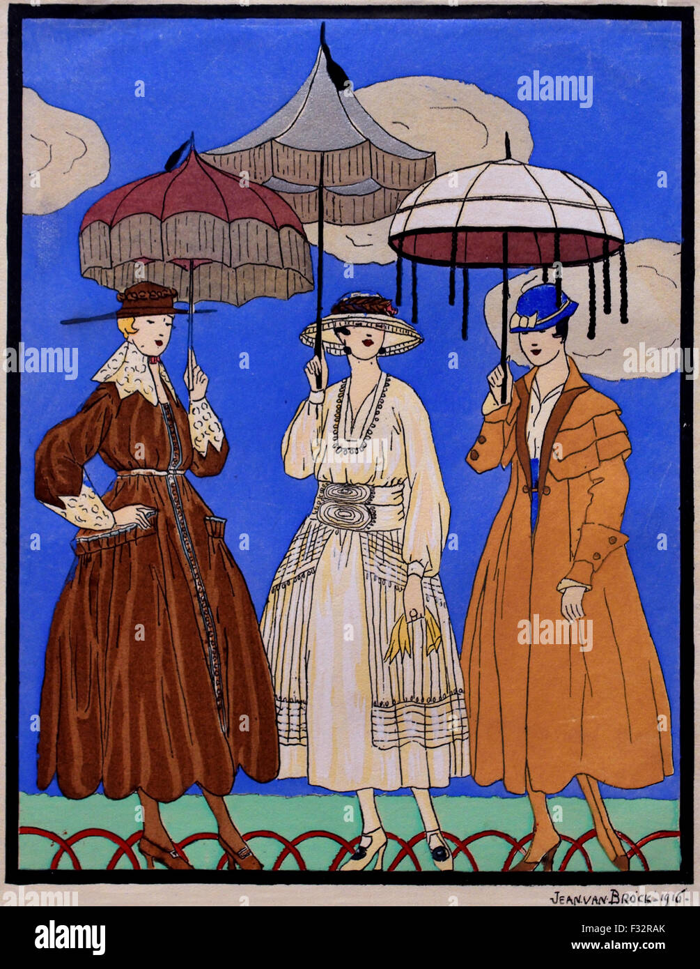Drei Sonnenschirme 1916 nach Jan van Brock (Stich von Hand gefärbt) Französisch Paris Fashion-couture Stockfoto