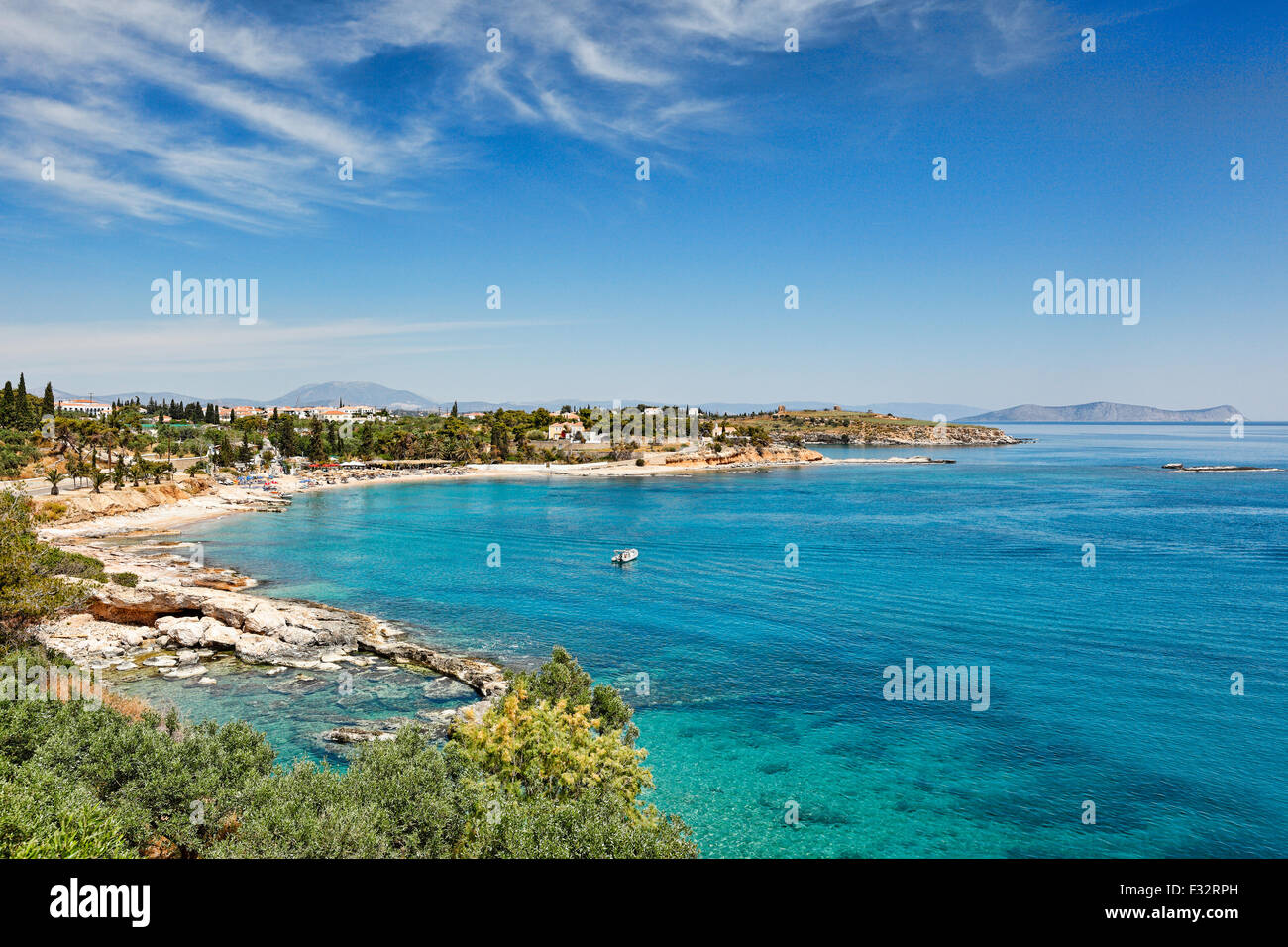 Der Strand von Agia Marina auf der Insel Spetses, Griechenland Stockfoto